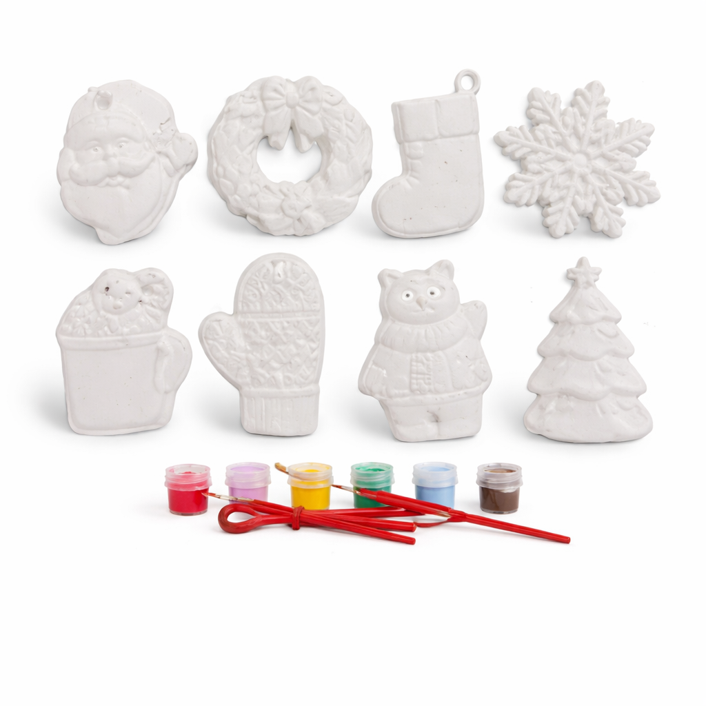 White plaster Christmas molds set with Santa, wreath, stocking, snowflake, mug, mitten, bear, tree, plus paints and brushes